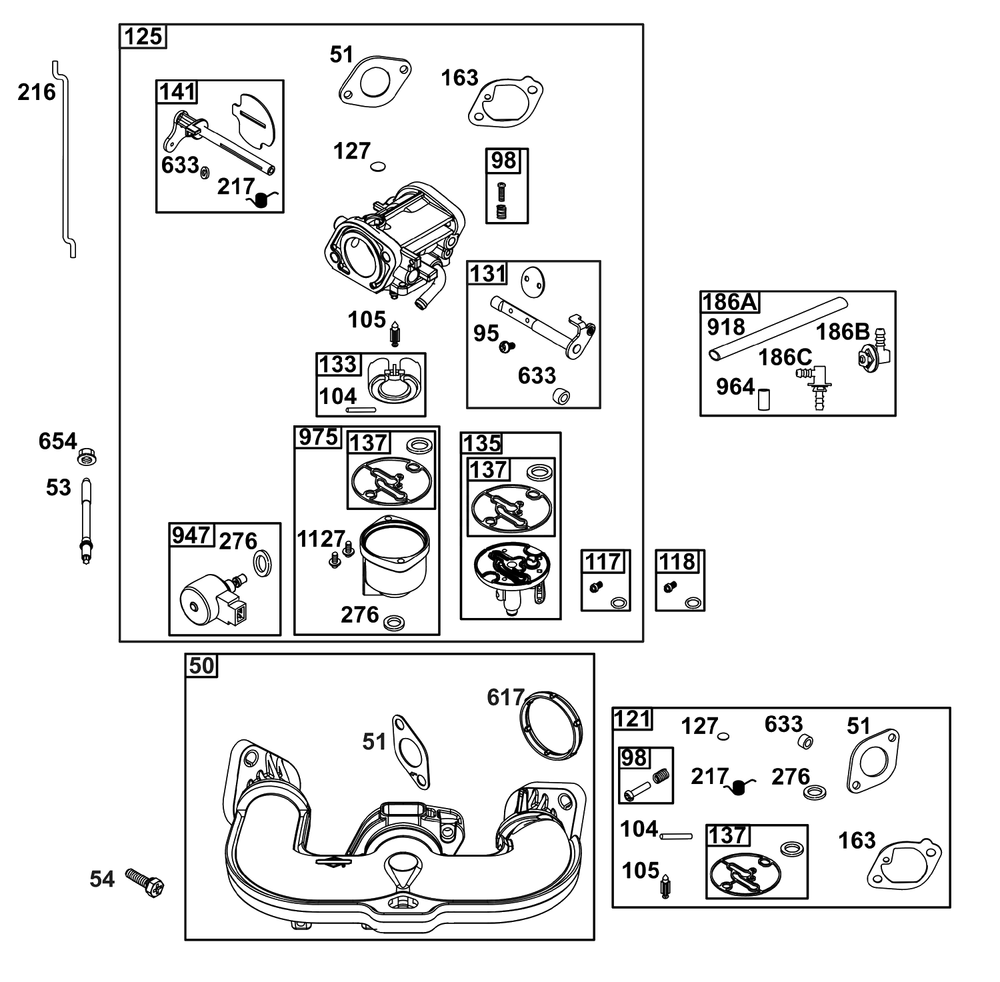 Carburetor Group Diagram and Parts List for 40U877-0036-G1  Briggs and Stratton Engine